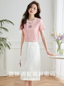 RM7074#天然精梳棉山茶花T恤短袖夏设计感时髦钉珠撞色圆领上衣