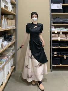RM7007#大码女装新中式假两件撞色国风旗袍裙子夏季镂空设计短袖连衣裙