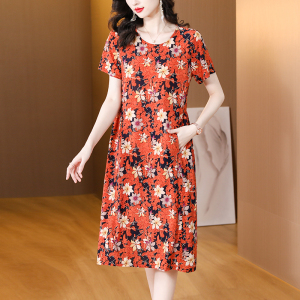 RM6804#修身显瘦夏季新款印发连衣裙套头短袖气质连衣裙