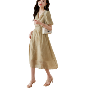 RM8609#连衣裙女2023夏名媛高端V领短袖气质法式显瘦中长大摆裙