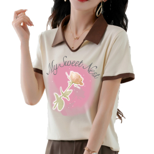 RM7950#夏季新款宽松V领设计感短袖t恤女纯棉休闲印花气质简约上衣女