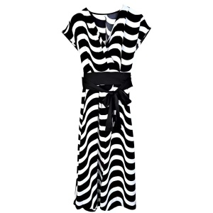 RM15211#黑白条纹连衣裙女夏高级感轻奢气质V领收腰设计感显瘦长裙