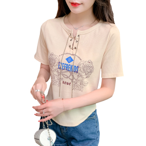 RM14169#美式复古印花修身正肩短袖t恤女夏季小个子甜酷辣妹风bm上衣