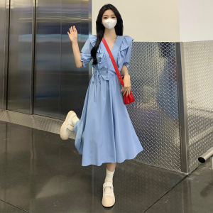 RM7050#大码女装2023年新款法式梨形身材小个子蓝色连衣裙夏季收腰长裙