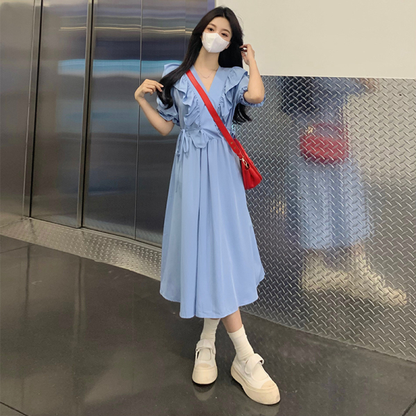 RM7050#大码女装2023年新款法式梨形身材小个子蓝色连衣裙夏季收腰长...