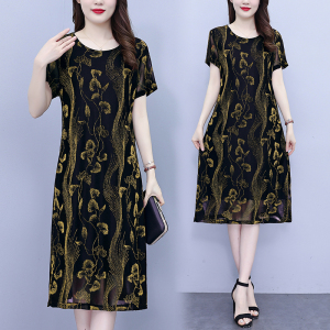 RM10497#夏季新款大码女装中年妈妈时尚洋气遮肚显瘦网纱连衣裙