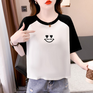 RM7242#夏季韩版简约休闲插肩袖圆领T恤可爱卡通绣花上衣