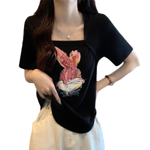 TR22358# 大码方领短袖T恤女夏季辣妹纯欲设计感小众上衣女 服装批发女装服饰货源