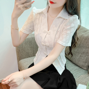 TR27004# 韩版新款中式复古泡泡短袖蕾丝Polo领盘扣设计上衣 服装批发女装批发货源