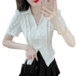 TR27004# 韩版新款中式复古泡泡短袖蕾丝Polo领盘扣设计上衣 服装批发女装批发货源