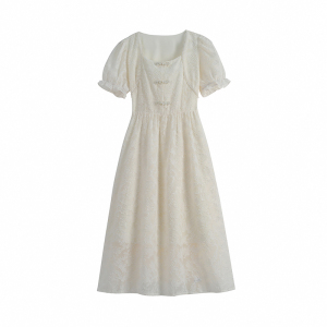 RM17332#夏季法式温柔风方领珍珠边设计小众收腰气质连衣裙