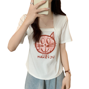 TR22360# 大码方领短袖T恤女夏季辣妹纯欲设计感小众上衣女 服装批发女装服饰货源