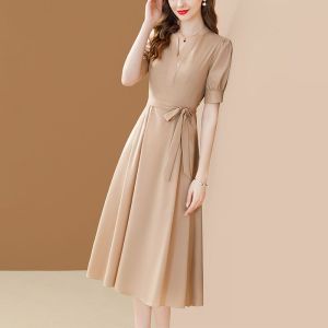 RM12168#名媛时尚气质减龄V领连衣裙女2023夏季新款系带通勤显瘦中长裙子