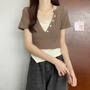 RM9206#大码夏季韩系挂脖针织拼接修身显瘦短款假两件短袖t恤女设计