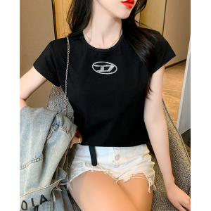 RM16936#夏季新款修身圆领短袖时尚百搭烫钻T恤女