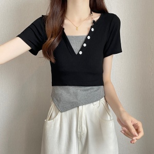 RM9206#大码夏季韩系挂脖针织拼接修身显瘦短款假两件短袖t恤女设计