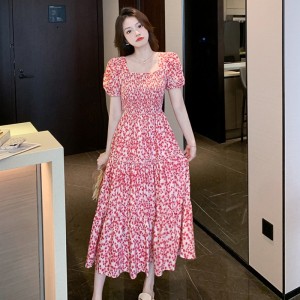RM11845#气质甜美方领泡泡袖碎花连衣裙女夏季新款法式高级感收腰长裙