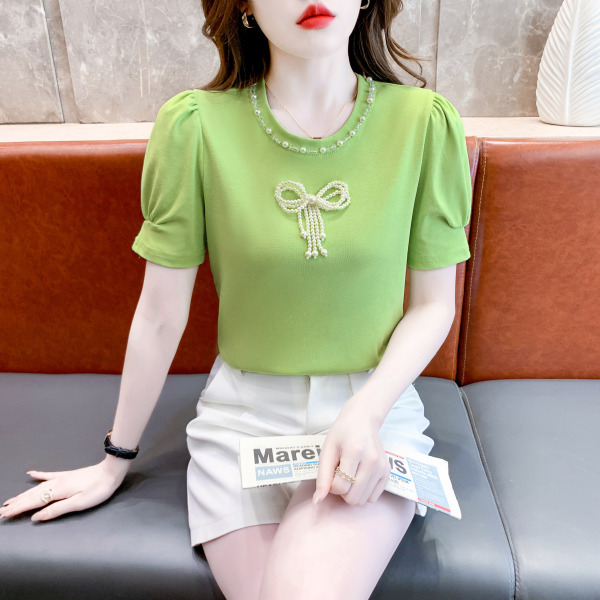 RM7046#夏季新款重工钉短袖体恤纯棉上衣泡泡袖t恤女