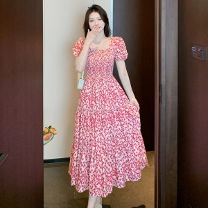 RM11845#气质甜美方领泡泡袖碎花连衣裙女夏季新款法式高级感收腰长裙