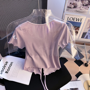 TR23511# 夏季新款V领冰丝针织衫女短袖洋气短袖抽绳紫色上衣t恤 服装批发女装服饰货源