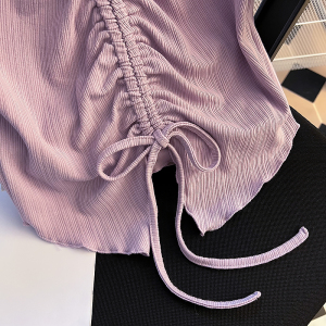 TR23511# 夏季新款V领冰丝针织衫女短袖洋气短袖抽绳紫色上衣t恤 服装批发女装服饰货源
