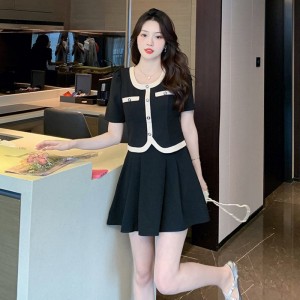 RM11846#韩版名媛甜美减龄气质短袖连衣裙两件套时尚粉色百褶套装裙