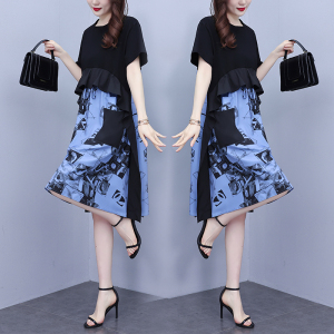 RM7893#夏装新款时尚拼接气质大码女装连衣裙修身显瘦短袖裙子