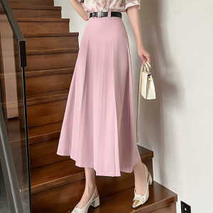 RM8131#新款高腰中长款西装百褶半身裙女显瘦气质粉色百搭长裙子