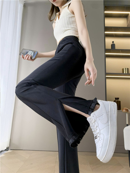 RM8140#春夏季新款微喇叭开叉裤修身黑色小个子显瘦高腰休闲韩版