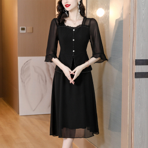 RM11984#夏季新款大码女装妈妈黑色假两件优雅小方领显瘦遮肉连衣裙