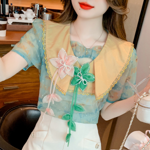 RM18672#夏季新款雪纺网纱衬衫重工花朵订珠钉钻短袖上衣