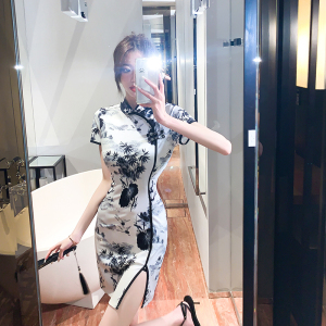 RM23888#新式旗袍年轻少女气质复古收腰显瘦性感开叉包臀连衣裙