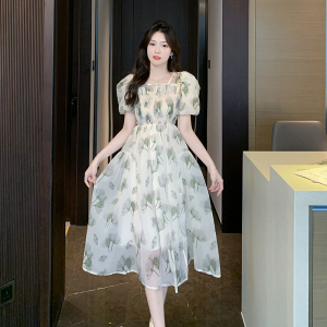 RM10682#新款法式高级感收腰显瘦长裙气质名媛方领印花雪纺连衣裙