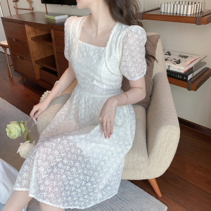 RM7440#夏季新款蕾丝绣花拼接珍珠修身甜美气质减龄中长款连衣裙
