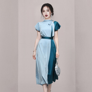 RM9916#新款时尚气质两件套撞色缎面上衣高腰长裙裙子套装女