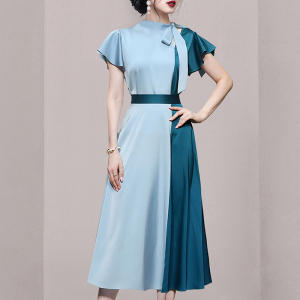 RM9916#新款时尚气质两件套撞色缎面上衣高腰长裙裙子套装女