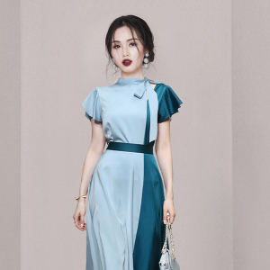 RM9916#新款时尚气质两件套撞色缎面上衣高腰长裙裙子套装女