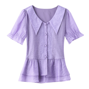 RM8149#娃娃领雪纺衫短袖短款上衣女2023新款夏季小个子女士衬衫