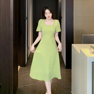 RM12691#夏季新款烫钻方领收腰御姐风连衣裙时尚显瘦仙女长裙