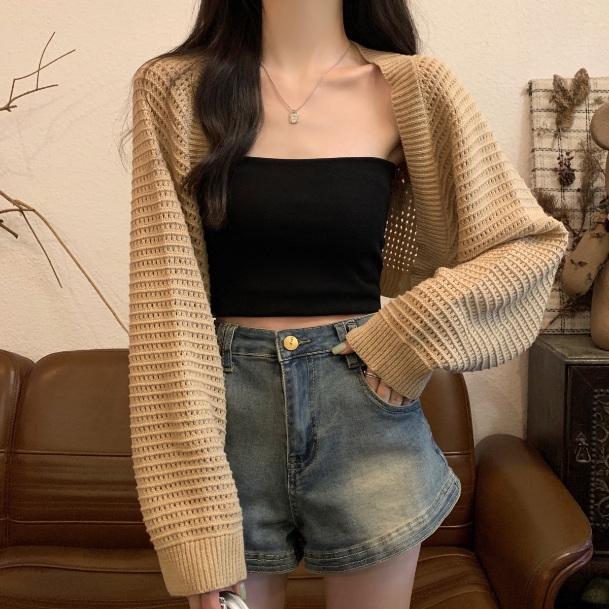 Actual shot of spring and summer Korean style loose hollow short cardigan long-sleeved sun protection knitted top with jacket for women