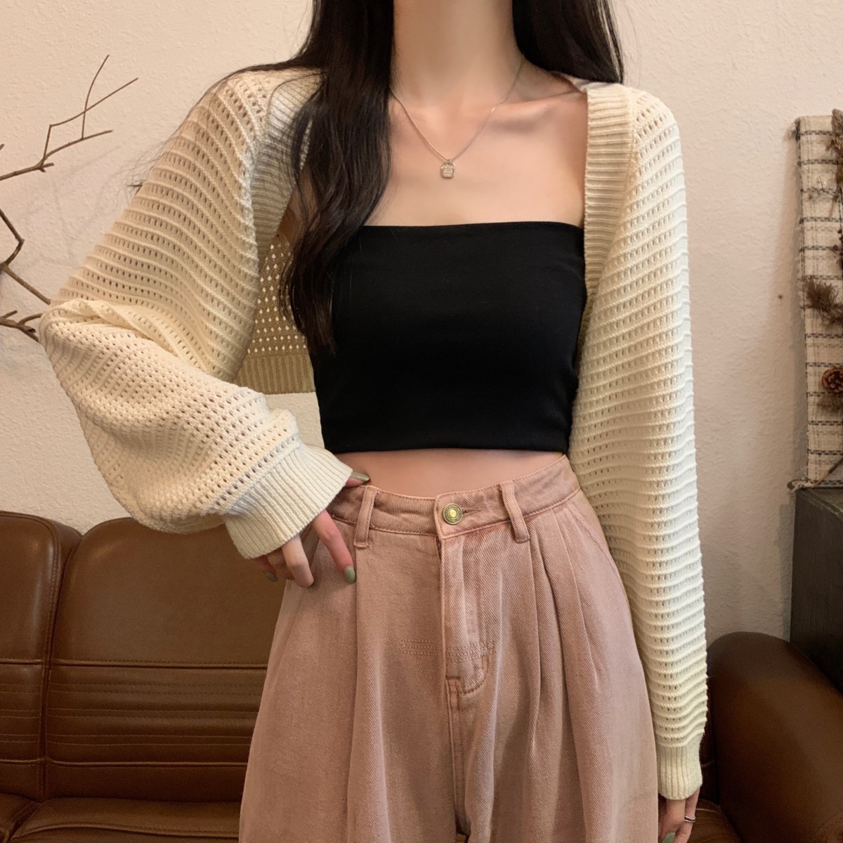 Actual shot of spring and summer Korean style loose hollow short cardigan long-sleeved sun protection knitted top with jacket for women