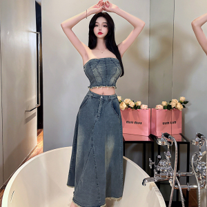 Real Time Spicy Girl Retro Denim Bra Top Small Tank Top Female Summer Sexy Slim Fit with Short Top and Wrapped Chest