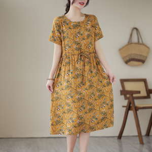 RM16239#棉麻夏季宽印花松型短袖中长裙