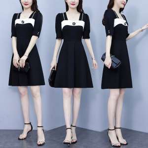 RM19300#大码女装天丝罗马黑白拼接时尚显瘦减龄淑女套头方领超连衣裙