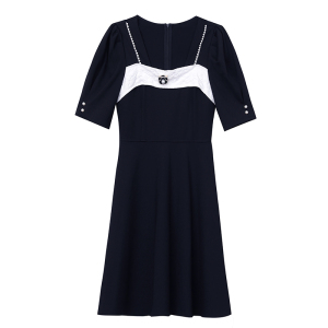 RM19300#大码女装天丝罗马黑白拼接时尚显瘦减龄淑女套头方领超连衣裙