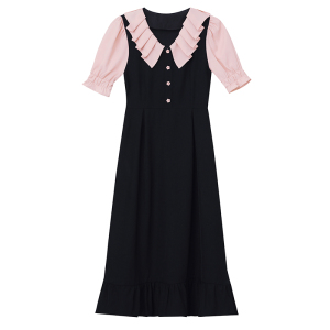 RM7377#大码女装淑女超修身夏季单排扣荷叶边裙中长裙公主袖连衣裙