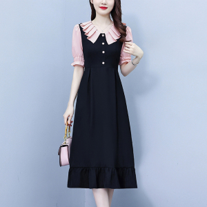 RM7377#大码女装淑女超修身夏季单排扣荷叶边裙中长裙公主袖连衣裙