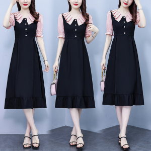 RM7377#大码女装淑女超修身夏季单排扣荷叶边裙中长裙公主袖连衣裙