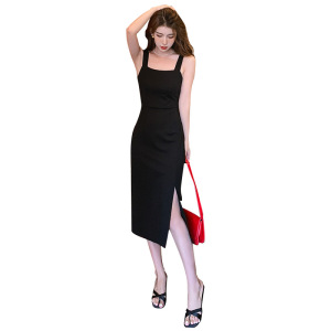 TR22495# 新款黑色吊带连衣裙女夏季高级感中长款开叉打底背带裙子显瘦 服装批发女装服饰货源