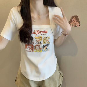 RM9746#大码方领短袖T恤女夏季辣妹纯欲设计感小众上衣女